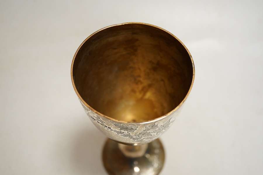 A late Victorian silver goblet Sheffield, 1880, Fenton Brothers, foliate engraved decoration, height 17.4cm., weight approx. 6.25ozt